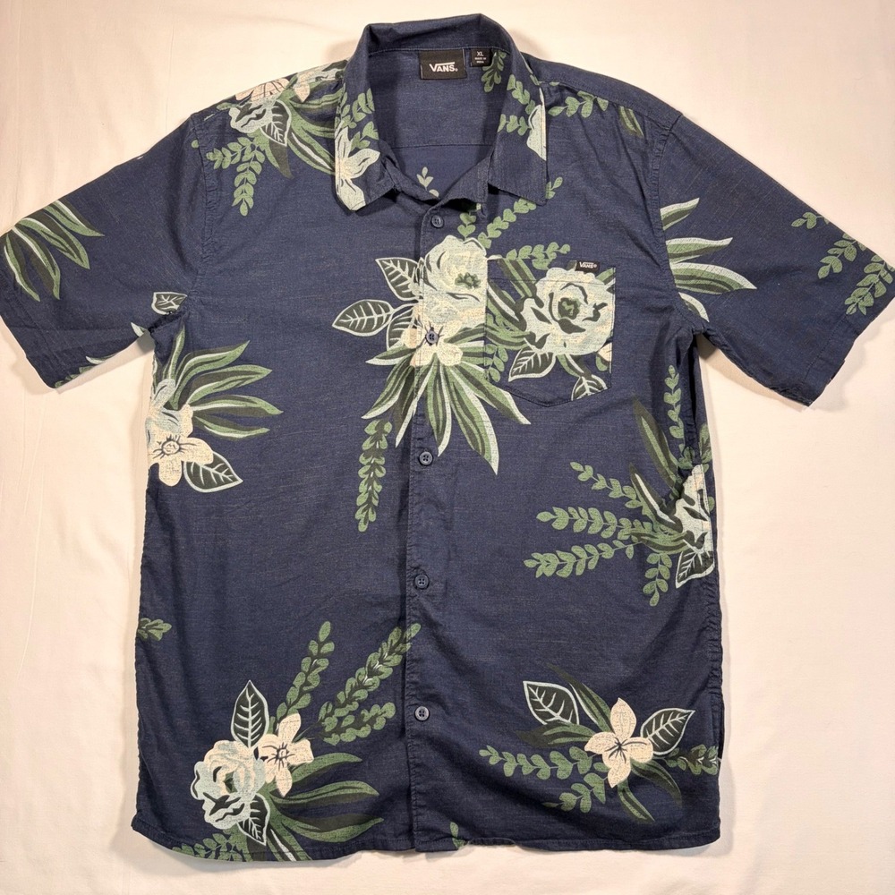 Vans Mens XL Floral Button Down Shirt Navy Blue Short Sleeve Tropical